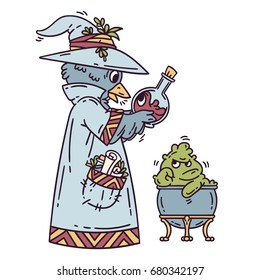 Magician creating cute monsters. Alchemist. Isolated objects on white background. Cartoon vector illustration.