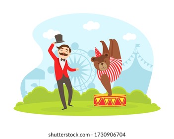 Magician and Cute Bear Performing in Amusement Park, Circus Carnival Show Vector Illustration