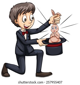 Magician and a cute bunny inside the hat on a white background