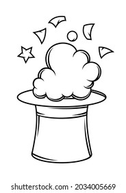 Magician cylinder from which confetti and smoke fly out. Trick or magic illustration.