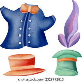 Magician dancing fox watercolor illustration set