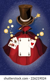 Magician Decorative Colored Background With Cylinder Wand And Cape Vector Illustration