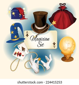 Magician decorative colored icons set with magic hat cards cylinder isolated vector illustration