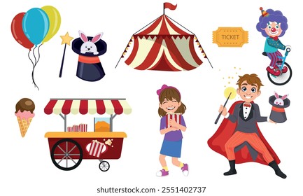 Mágico demonstrando truques e puxando coelhos. Tenda de circo, entrada, balões, criança feliz com pipoca. Conjunto de elementos sobre o tema do circo. Ilustração vetorial.