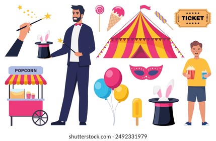 Mago demostrando truco y sacando conejo del sombrero. Carpa de circo, boleto, máscara, globos, niño feliz con palomitas de maíz. Conjunto de Elementos sobre circo. Ilustración vectorial