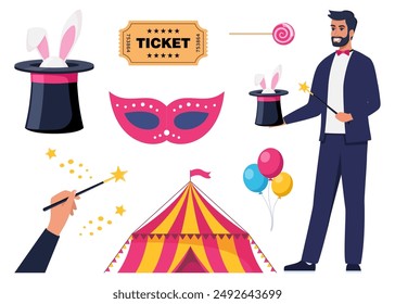 Mago demostrando truco y sacando conejo del sombrero. Carpa de circo, boleto, máscara, globos. Conjunto de Elementos sobre circo. Ilustración vectorial