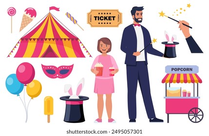 Magician demonstrating trick and taking rabbit out of top hat. Circus tent, ticket, mask, balloons, happy kid with popcorn. Set of elements on circus theme. Vector illustration