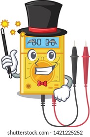 Magician digital multimeter sticks to the cartoon wall