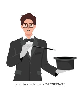 Magician doing a hat trick. Flat vector illustration isolated on white background