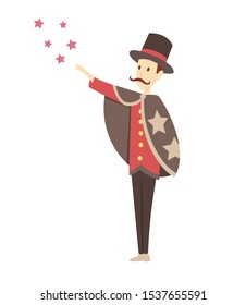 Magician doing a trick - cartoon people character isolated illustration. Young, stylish and bright wizard with mustache in a suit performing.