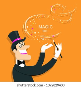 Magician doing a trick with Magic wand.Vector illustration of wizard in hat. Background for text