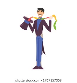 Magician Doing Tricks With Handkerchief, Illusionist Character In Tailcoat And Top Hat Performing At Magic Show Cartoon Style Vector Illustration