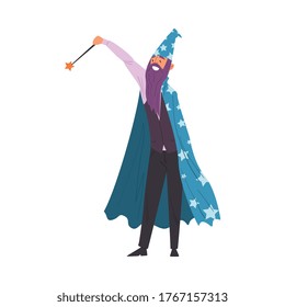 Magician Doing Tricks with Magic Wand, Smiling Bearded Wizard Character Wearing Cape with Stars and Cone Hat Performing at Magic Show Cartoon Style Vector Illustration