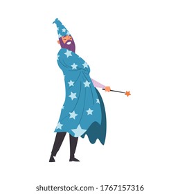 Magician Doing Tricks with Magic Wand, Wizard Character Wearing Cape with Stars and Cone Hat Performing at Magic Show Cartoon Style Vector Illustration