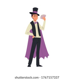 Magician Doing Tricks with Playing Cards, Illusionist Character in Cape Performing at Magic Show Cartoon Style Vector Illustration