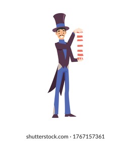 Magician Doing Tricks with Playing Cards, Illusionist Character in Tailcoat and Top Hat Performing at Magic Show Cartoon Style Vector Illustration