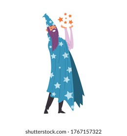 Magician Doing Tricks, Wizard Character Wearing Cape with Stars and Cone Hat Performing at Magic Show Cartoon Style Vector Illustration
