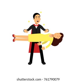 Magician in an elegant black suit performing levitation floating magic trick, circus performer vector Illustration