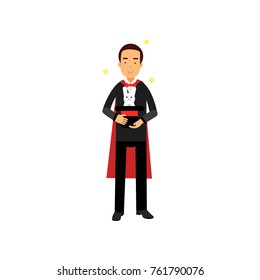 Magician in an elegant black suit and red cape performing trick with white rabbit appearing from top hat, circus performer vector Illustration