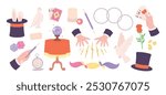 Magician elements. Illusionist show accessories, cylinder pigeons rose playing cards. Magic tricks in circus, hands of magicians racy vector clipart