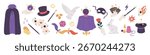 Magician elements. Illusionist show accessories, tricks items, mystery performance equipment, cards, rabbit, crystal ball, wizard cloak, crystal ball on table, cartoon flat isolated garish vector set