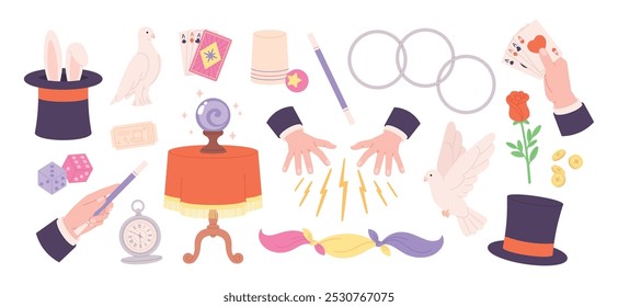 Magician elements. Illusionist show accessories, cylinder pigeons rose playing cards. Magic tricks in circus, hands of magicians racy vector clipart