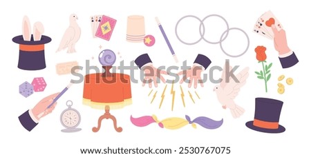 Magician elements. Illusionist show accessories, cylinder pigeons rose playing cards. Magic tricks in circus, hands of magicians racy vector clipart