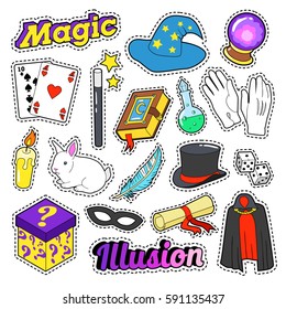 Magician Elements Set with Magic Wand, Mask and Cylinder for Stickers, Badges. Vector doodle