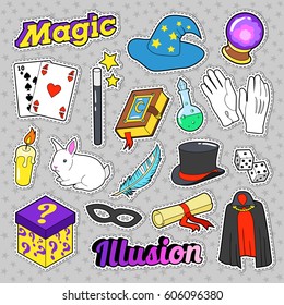 Magician Elements Set with Magic Wand, Mask and Cylinder for Stickers, Badges. Vector doodle