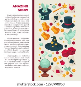 Magician equipment amazing show tricks vector bunny or rabbit in hat magic wand play cards tall hat cups and ball white dove wizard headdress dice and rose flower glass ball and gold coins for focus.