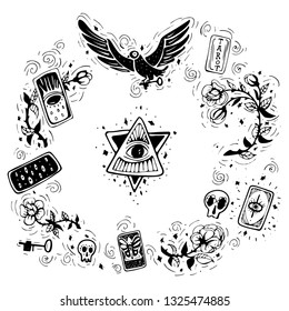 Magician equipment collection of divination elements illustration, drawing, engraving, ink, line art, vector