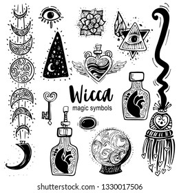 Magician equipment collection of divination elements illustration, drawing, engraving, ink, line art, vector