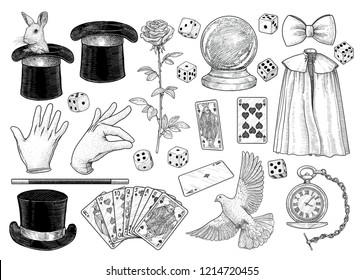 Magician equipment collection illustration, drawing, engraving, ink, line art, vector
