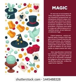 Magician equipment magic show tricks vector bunny or rabbit in hat wand play cards tall hat cups and ball white dove wizard headdress dice and rose flower glass ball and gold coins for focus.