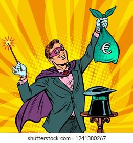 Magician with euro money. Pop art retro vector illustration vintage kitsch