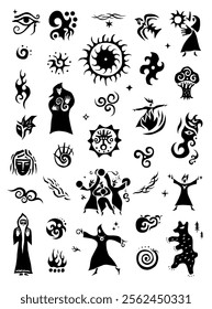 Magician fairy tale character magic sign and symbol vector icon set, isolated graphic design elements