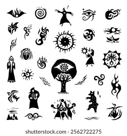 Magician fairy tale character magic sign and symbol vector icon set, isolated graphic design elements
