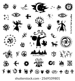 Magician fairy tale shaman character magic sign and symbol vector icon set, isolated graphic design elements