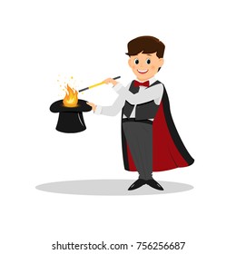 Magician with fire and  magic wand..Isolated on white background. Cartoon style. Vector illustration