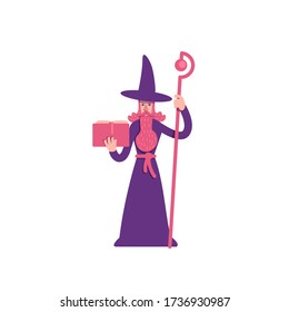 Magician flat color vector character. Old man with beard holding magic book. Elderly wizard putting spell. Alchemist isolated cartoon illustration for web graphic design and animation