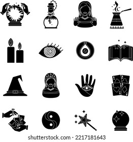 Magician fortune teller black and white flat vector icon collection set