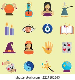 Magician fortune teller flat vector icon collection set