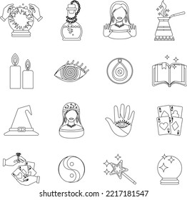 Magician fortune teller outline flat vector icon collection set