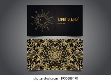 Magician, fortune teller or tarot reader card design template. Vector Illustration. Mysterious symbol over sacred geometry symbols. Alchemy, spirituality, occultism.