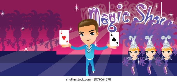 Magician and four female assistants performing card tricks