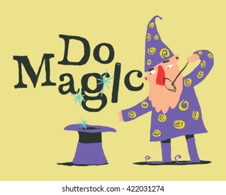 Magician with galley and magic wand, style vector illustration isolated on cream background - Do Magic Sign