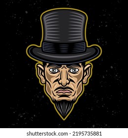 Magician or gambler in cylinder hat man head with mustache and goatee beard vector illustration in colored style on dark background