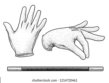 Magician gloves and wand illustration, drawing, engraving, ink, line art, vector