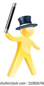 Magician gold person illustration of mascot figure waving a wand and wearing a top hat