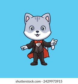 Magician Grey Cat Cartoon Cute Illustration